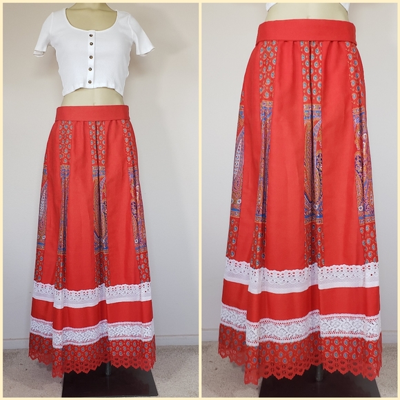 VTG Red Lace Handmade Maxi Skirt - Picture 1 of 9